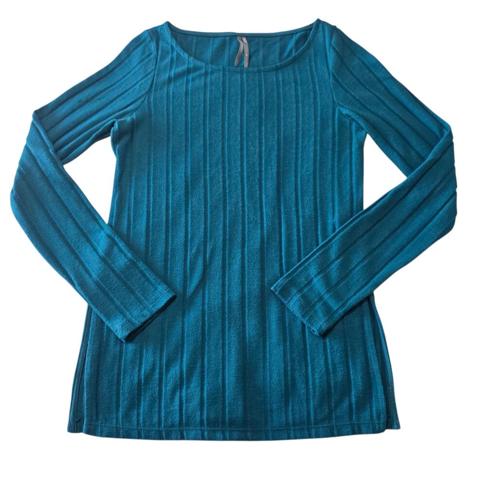 Anthropologie Ribbed Knit Top Medium Teal Blue Long Sleeve Stretch